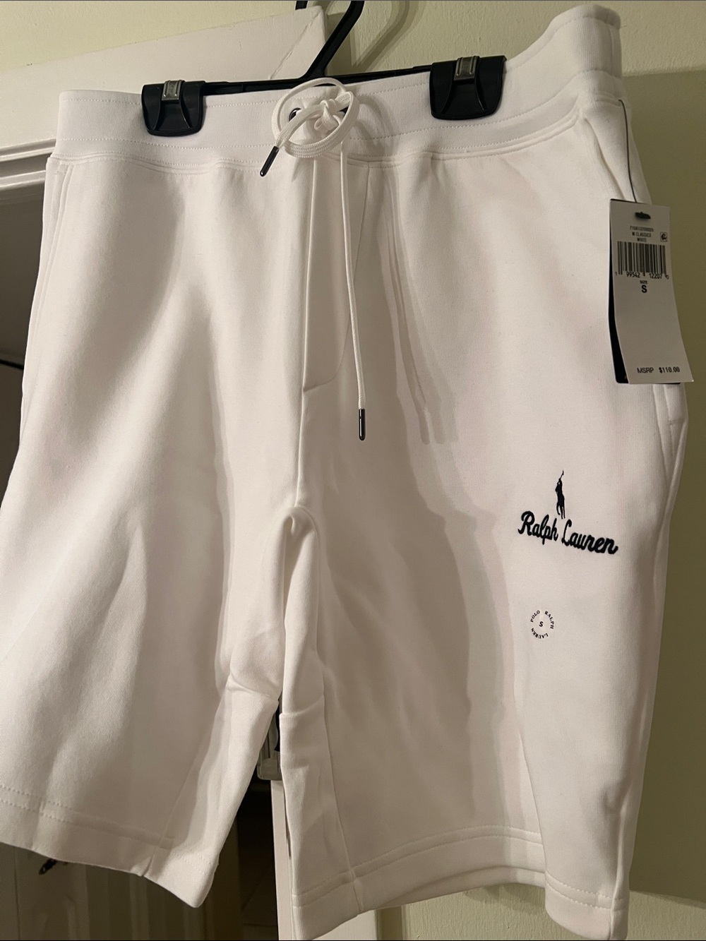 Ralph Lauren White Men's Athletic Logo Drawstring Shorts with Navy Embroidery